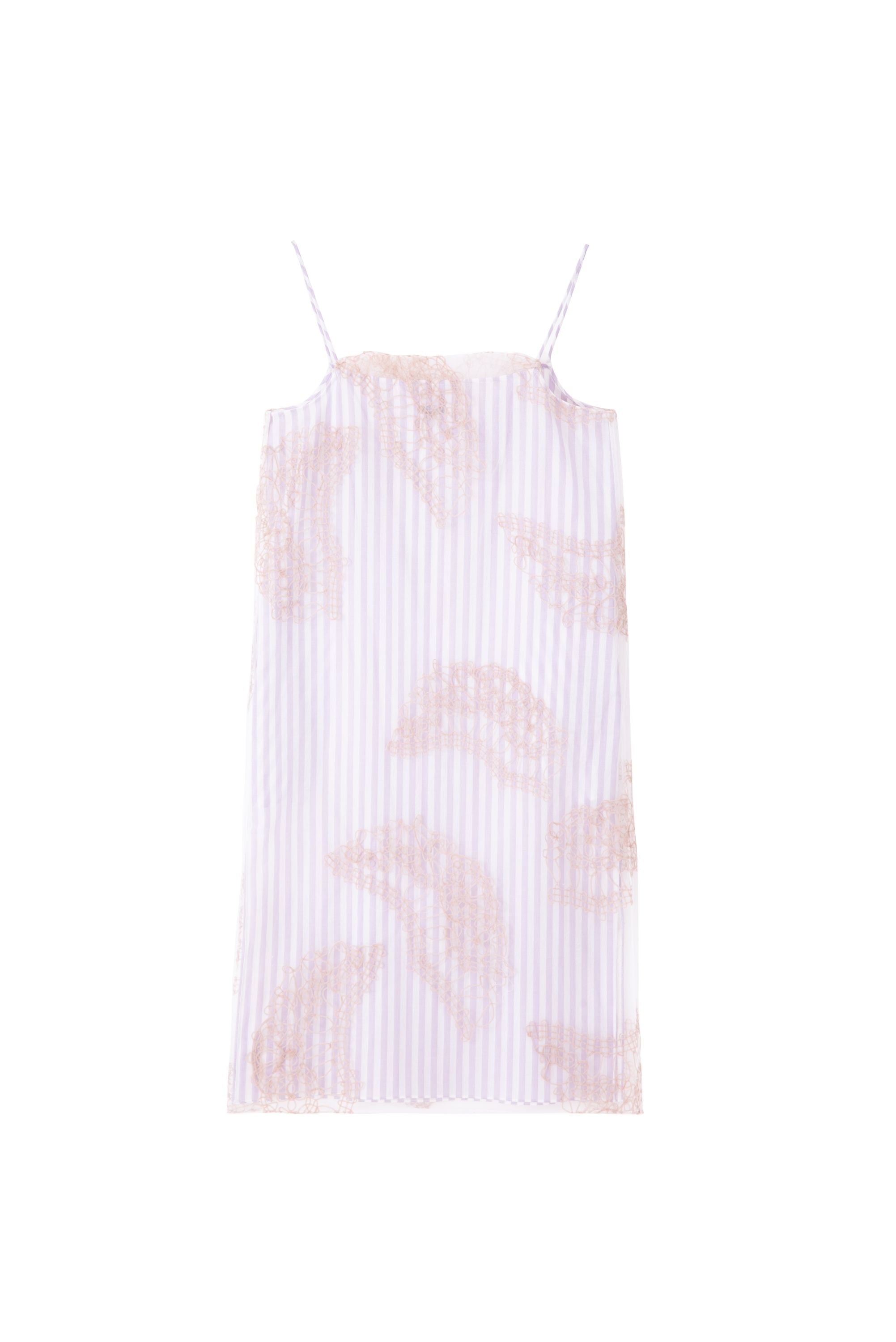 Purple slip dress with sheer fabric and intricate lace-inspired pattern, flowing silhouette influenced by Chinese motifs and modern craftsmanship.
