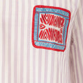 Loose-fit purple striped shirt with wave-pattern embroidery trim, inspired by Chinese artistry and traditional craftsmanship.