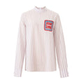 Loose-fit purple striped shirt with wave-pattern embroidery trim, inspired by Chinese artistry and traditional craftsmanship.