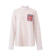 Loose-fit purple striped shirt with wave-pattern embroidery trim, inspired by Chinese artistry and traditional craftsmanship.