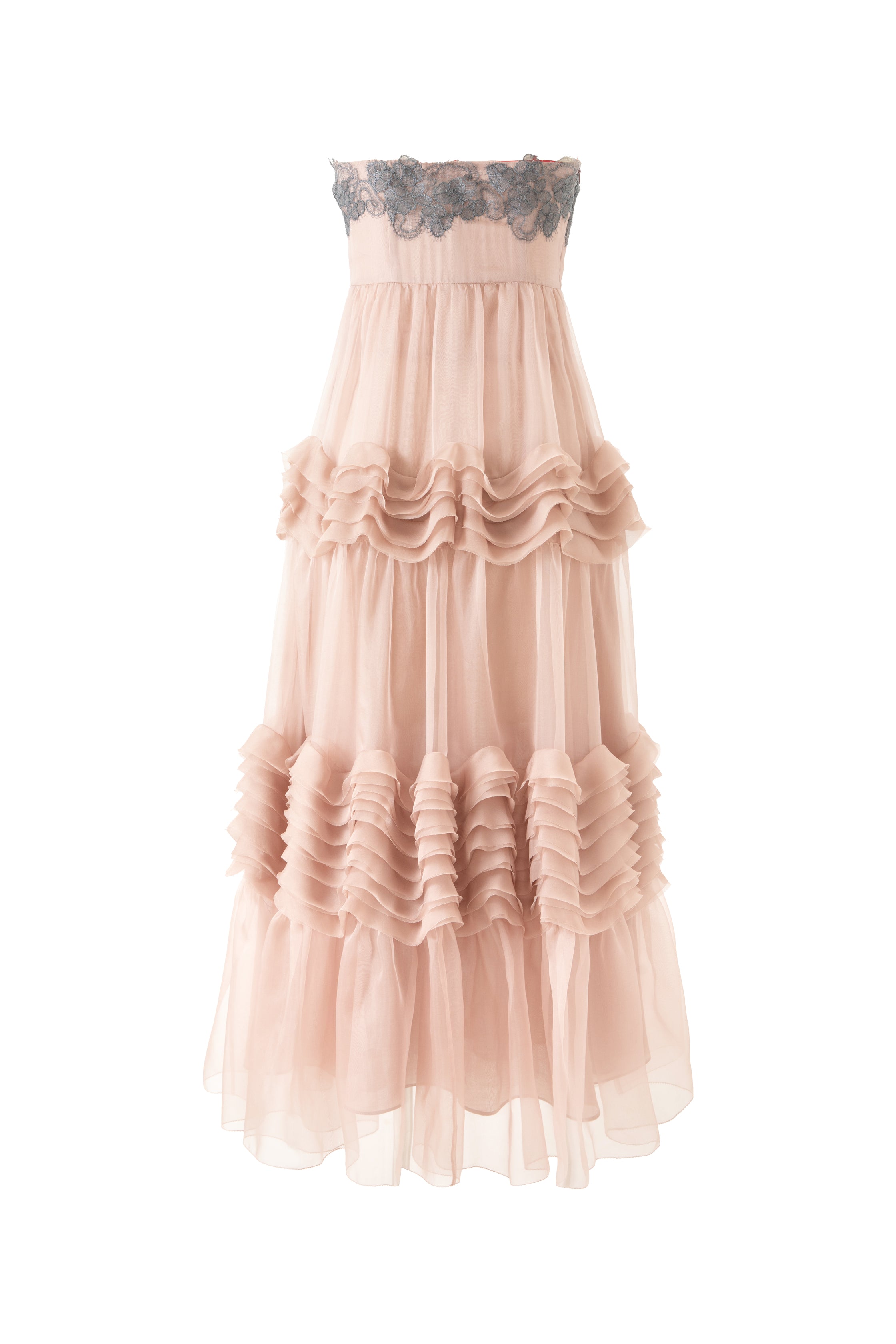 Muted pink wave dress with soft cascading layers, fluid silhouette inspired by water movement, feminine and serene design.