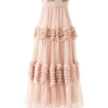Muted pink wave dress with soft cascading layers, fluid silhouette inspired by water movement, feminine and serene design.