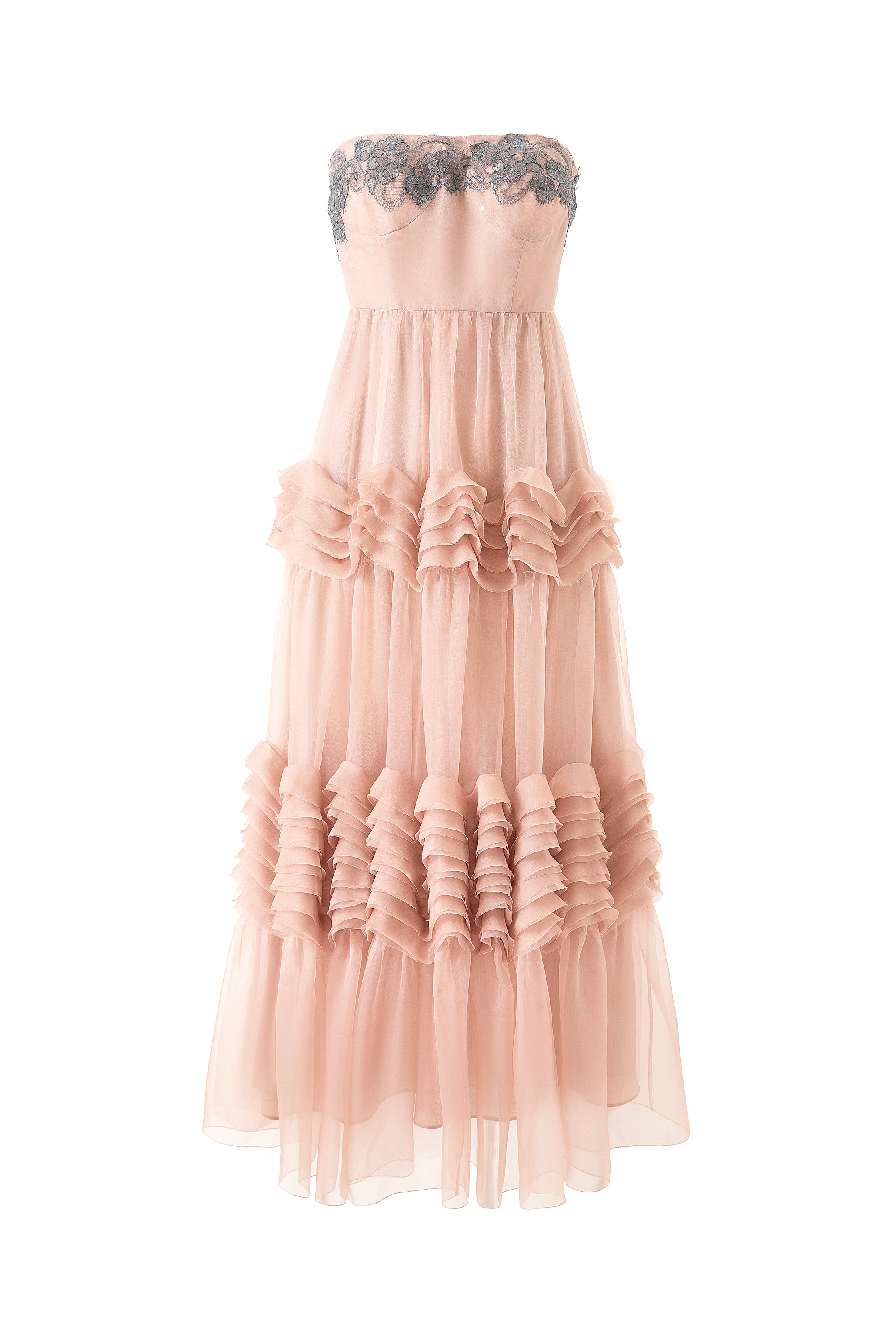 Muted pink wave dress with soft cascading layers, fluid silhouette inspired by water movement, feminine and serene design.