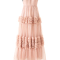 Muted pink wave dress with soft cascading layers, fluid silhouette inspired by water movement, feminine and serene design.