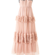 Muted pink wave dress with soft cascading layers, fluid silhouette inspired by water movement, feminine and serene design.
