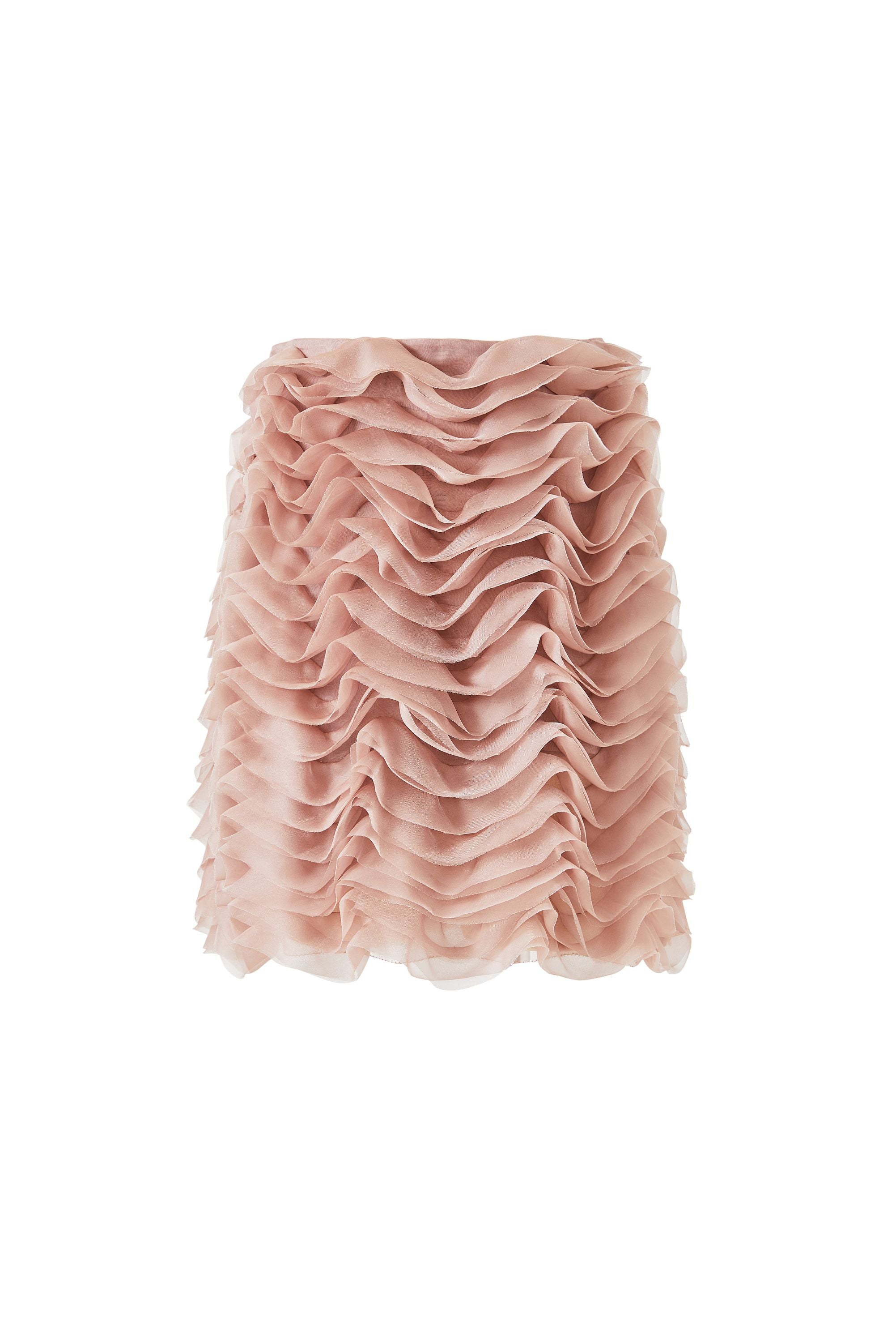 Flowing midi-length wavy skirt with wave-like ruffle trim and delicate embroidery, modern design inspired by Chinese heritage.