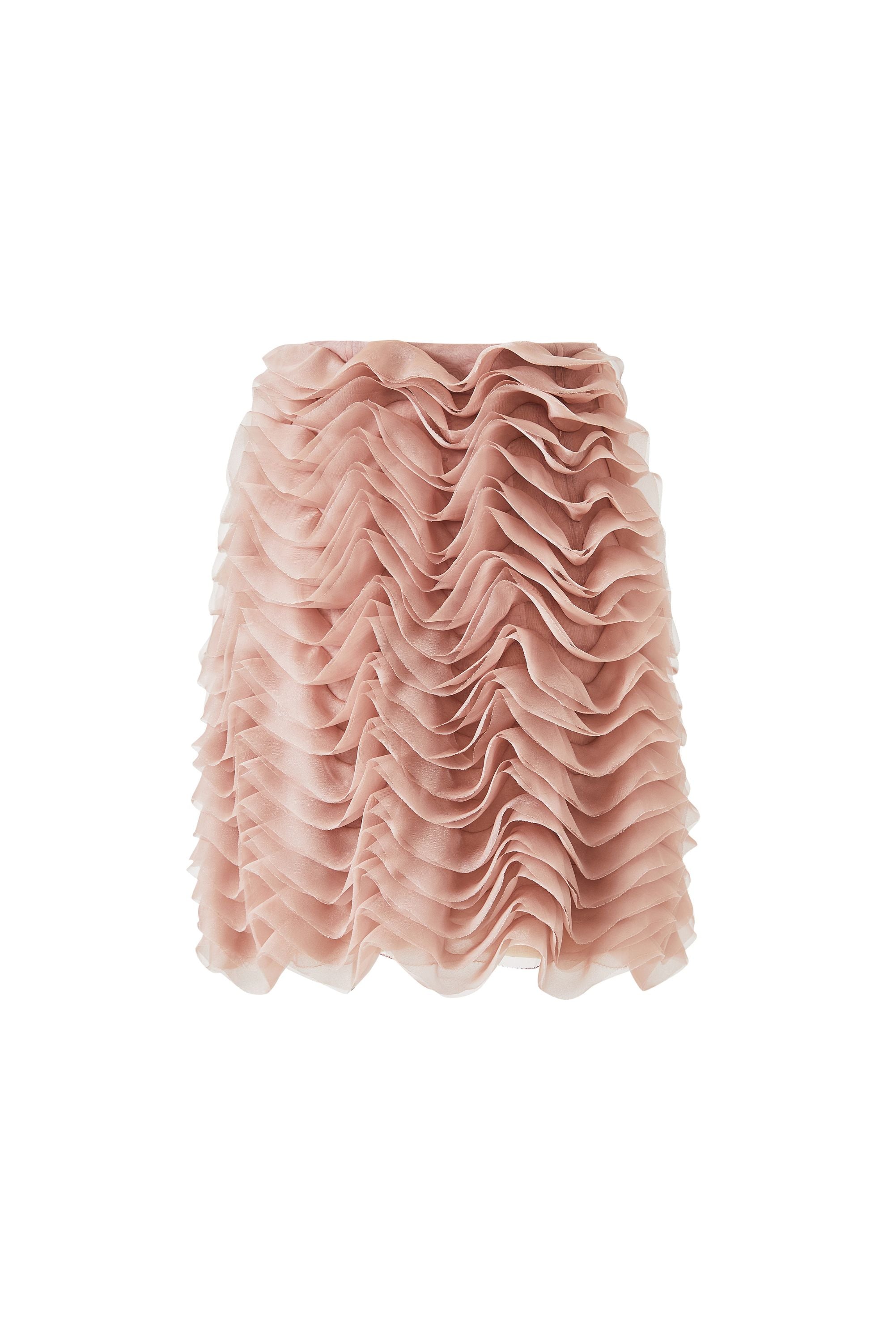 Flowing midi-length wavy skirt with wave-like ruffle trim and delicate embroidery, modern design inspired by Chinese heritage.