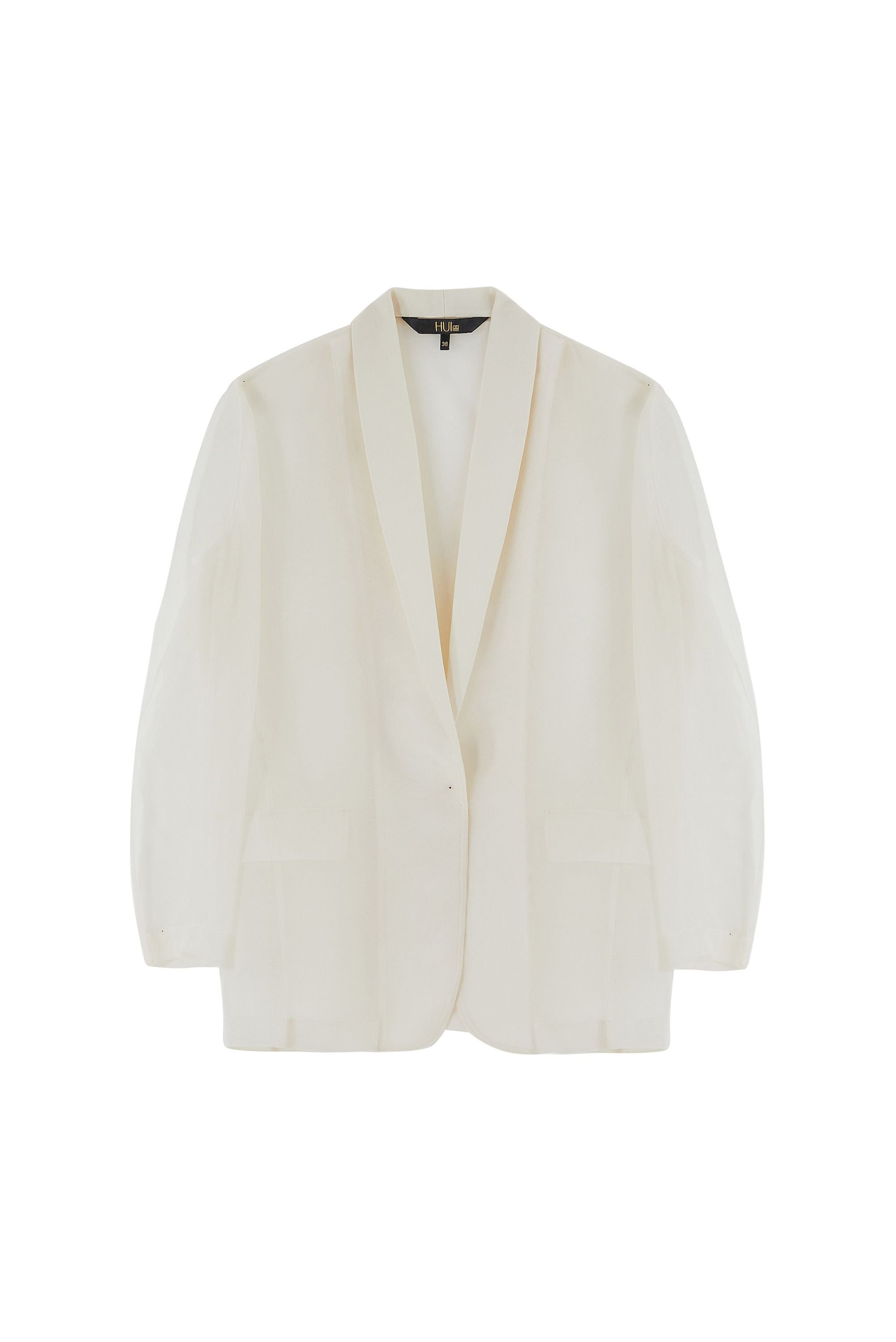 Women's white organza blazer with classic minimalist silhouette, inspired by Chinese tradition, elegant and timeless layering piece.